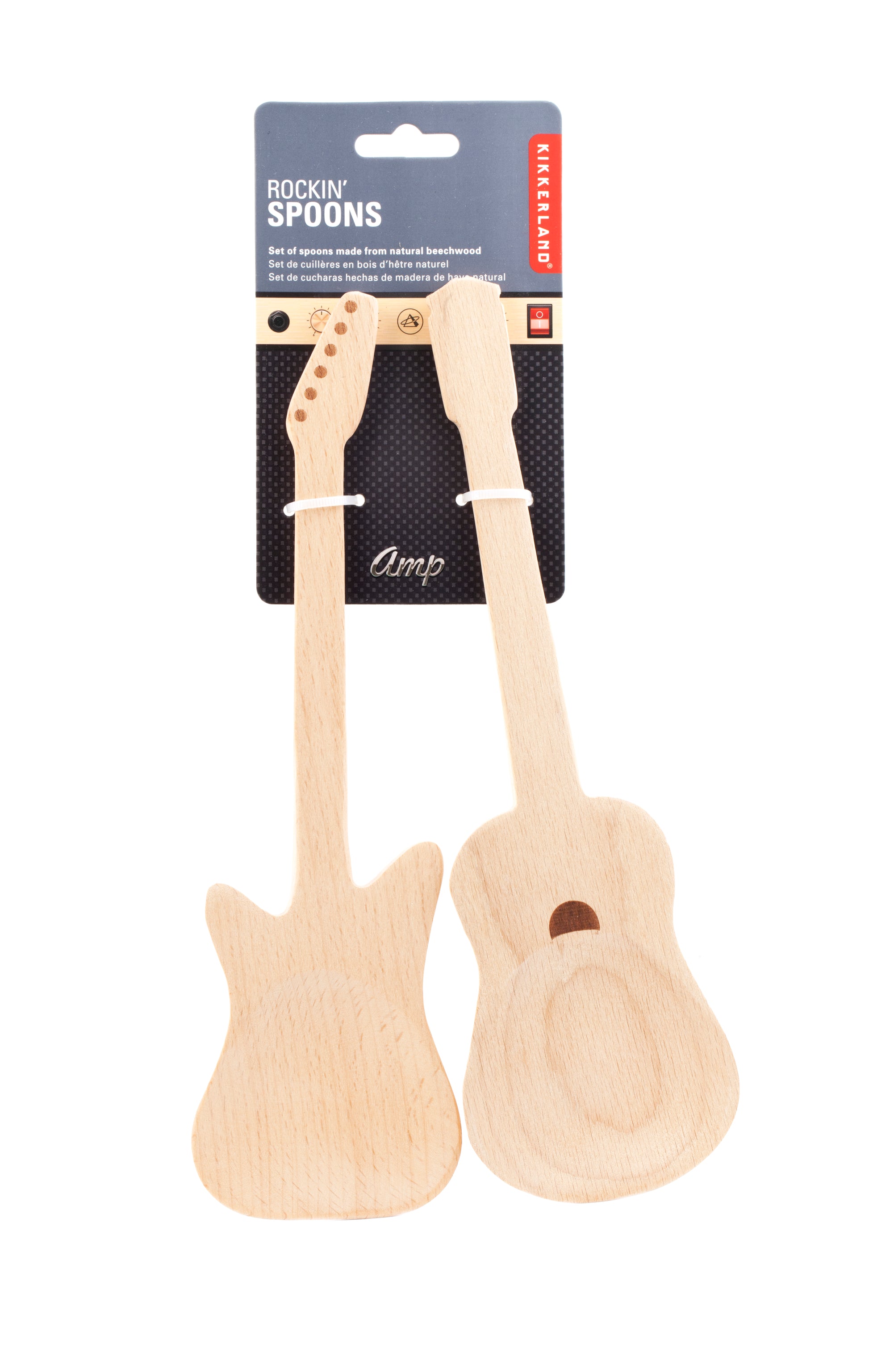 Two guitar shaped spoons in packaging