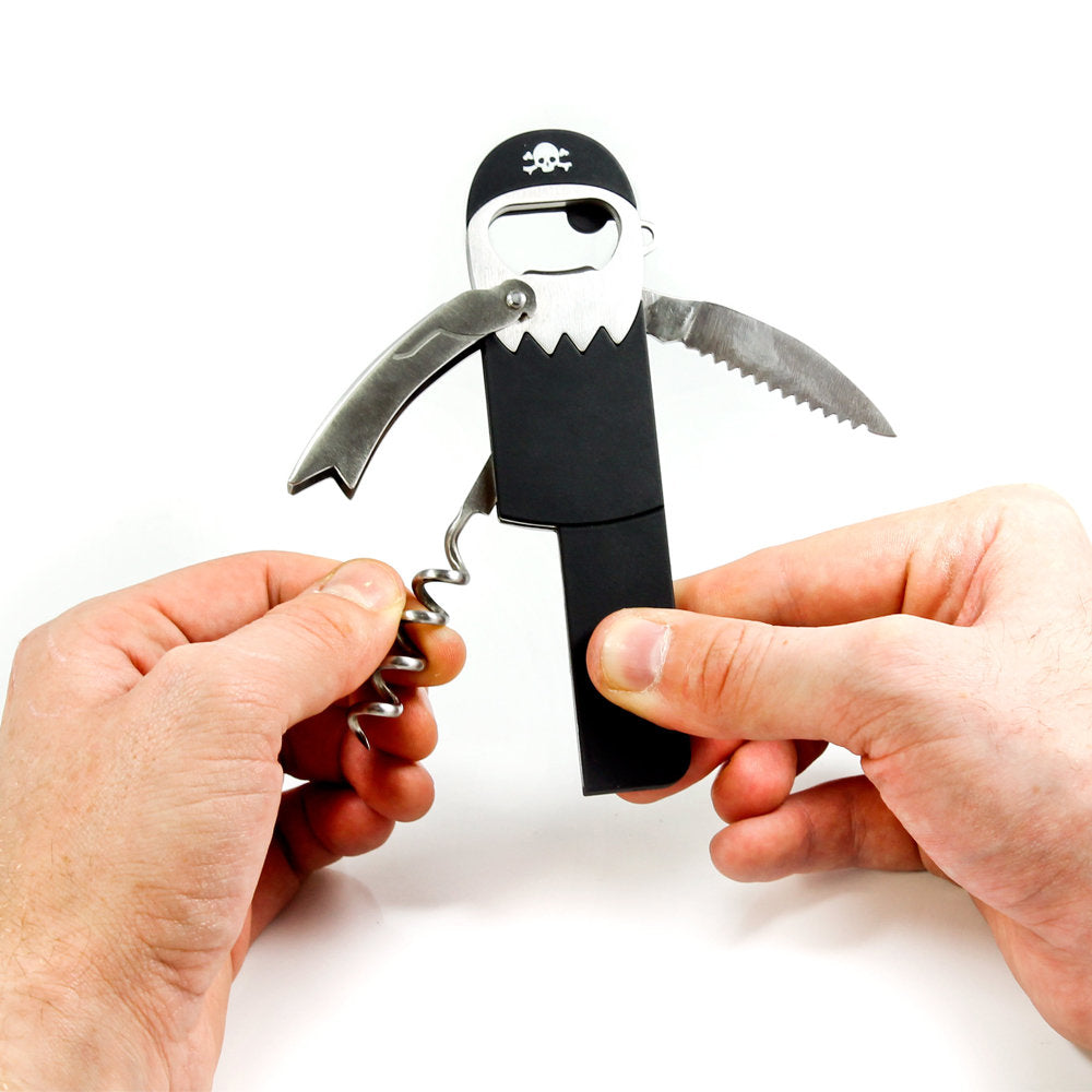 Someone holding a corkscrew that looks like a pirate