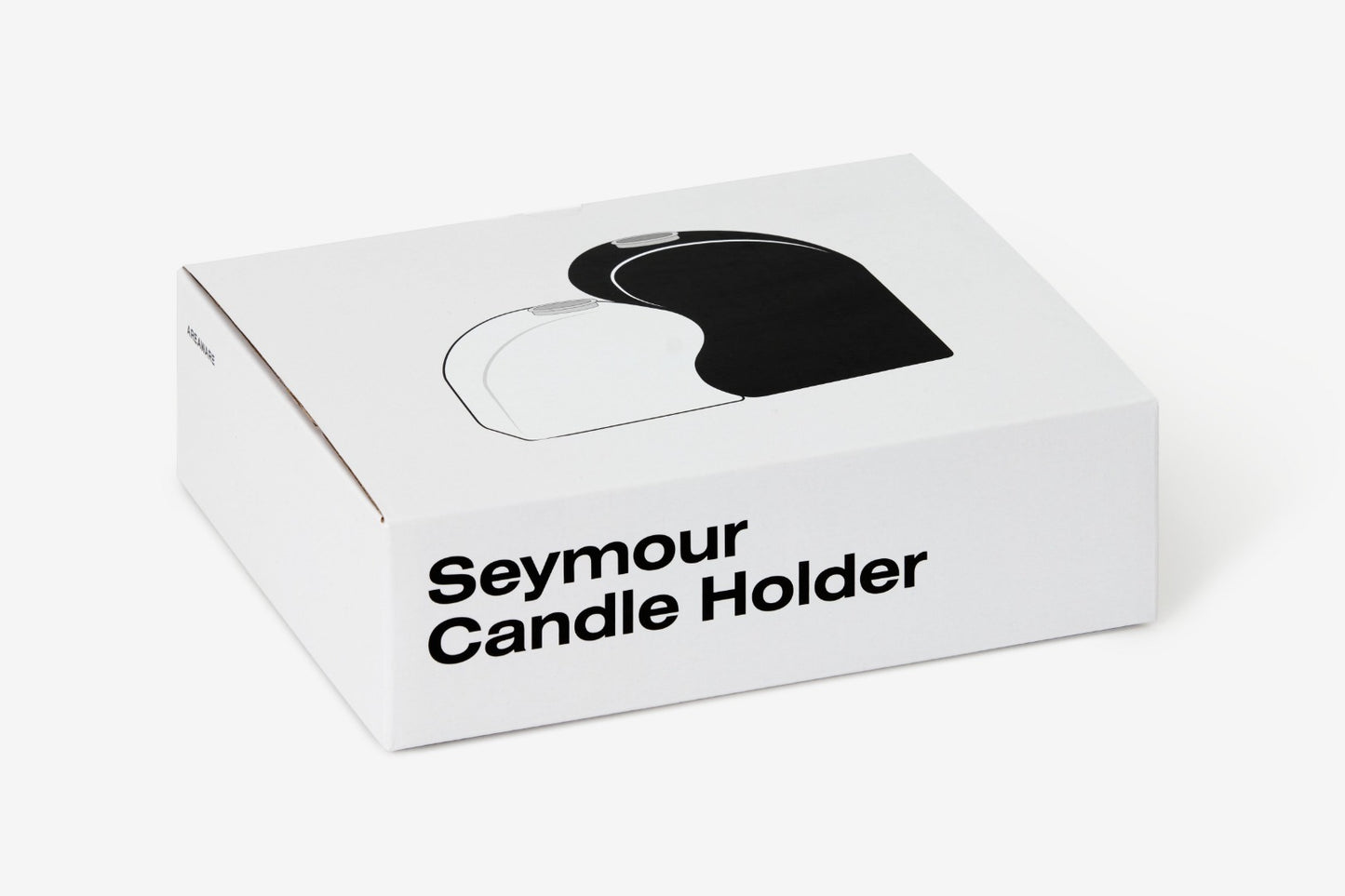box for candle holders, with illustrated image of curved black and white candle holders which fit together and text reading 'Seymour Candle Holder'