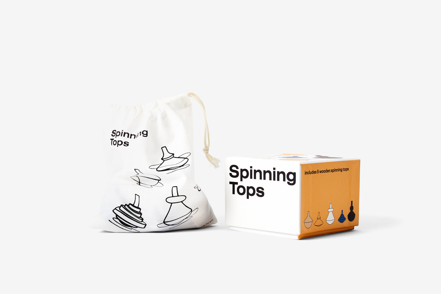 box and drawstring bag for 5 wooden spinning tops