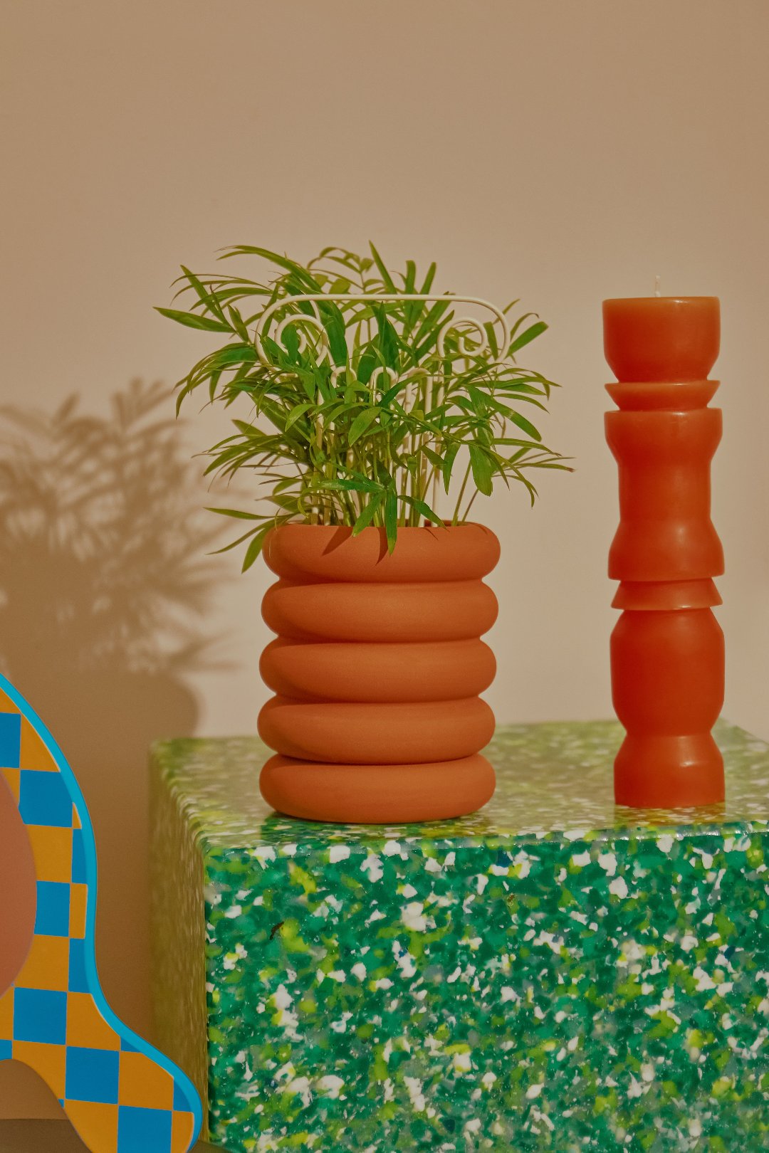 a rounded terracotta planter with a plant on a green table