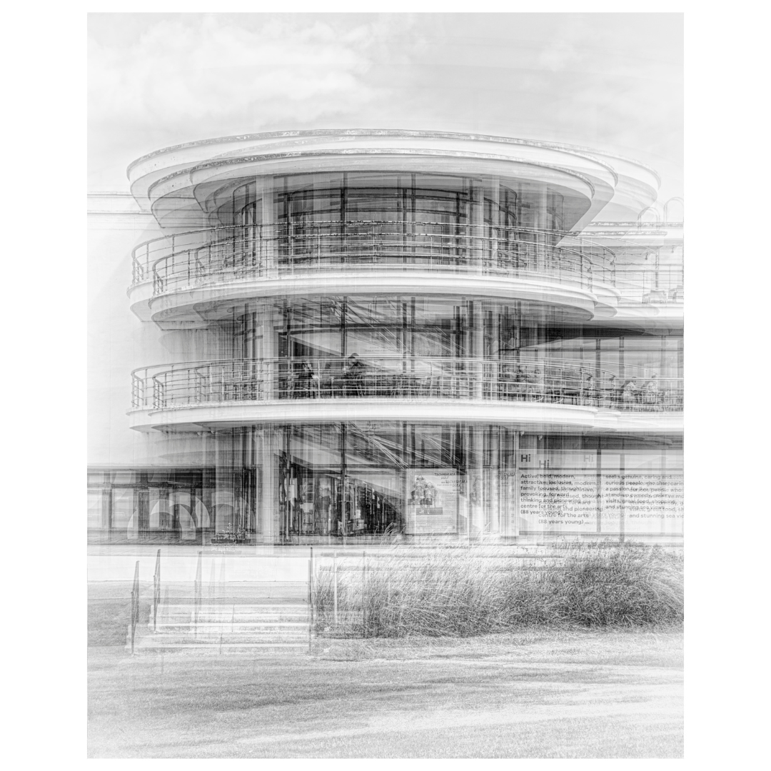 black and white print featuring overlaid images of the De La Warr Pavilion south window as viewed from the exterior of the building.