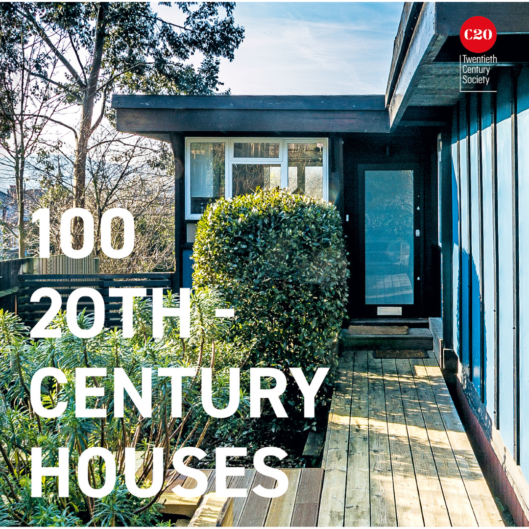 Book cover, '100 20th-Century Houses' in white text with black house and brown decking into garden.
