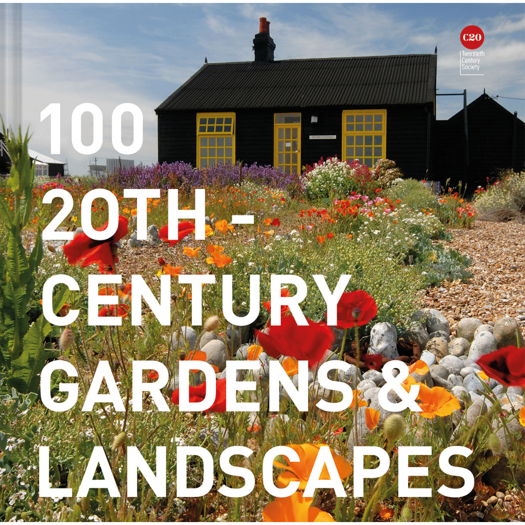 Book cover, '100 20th-Century Gardens & Landscapes' in white text with an image of a black cottage and wild flowers.