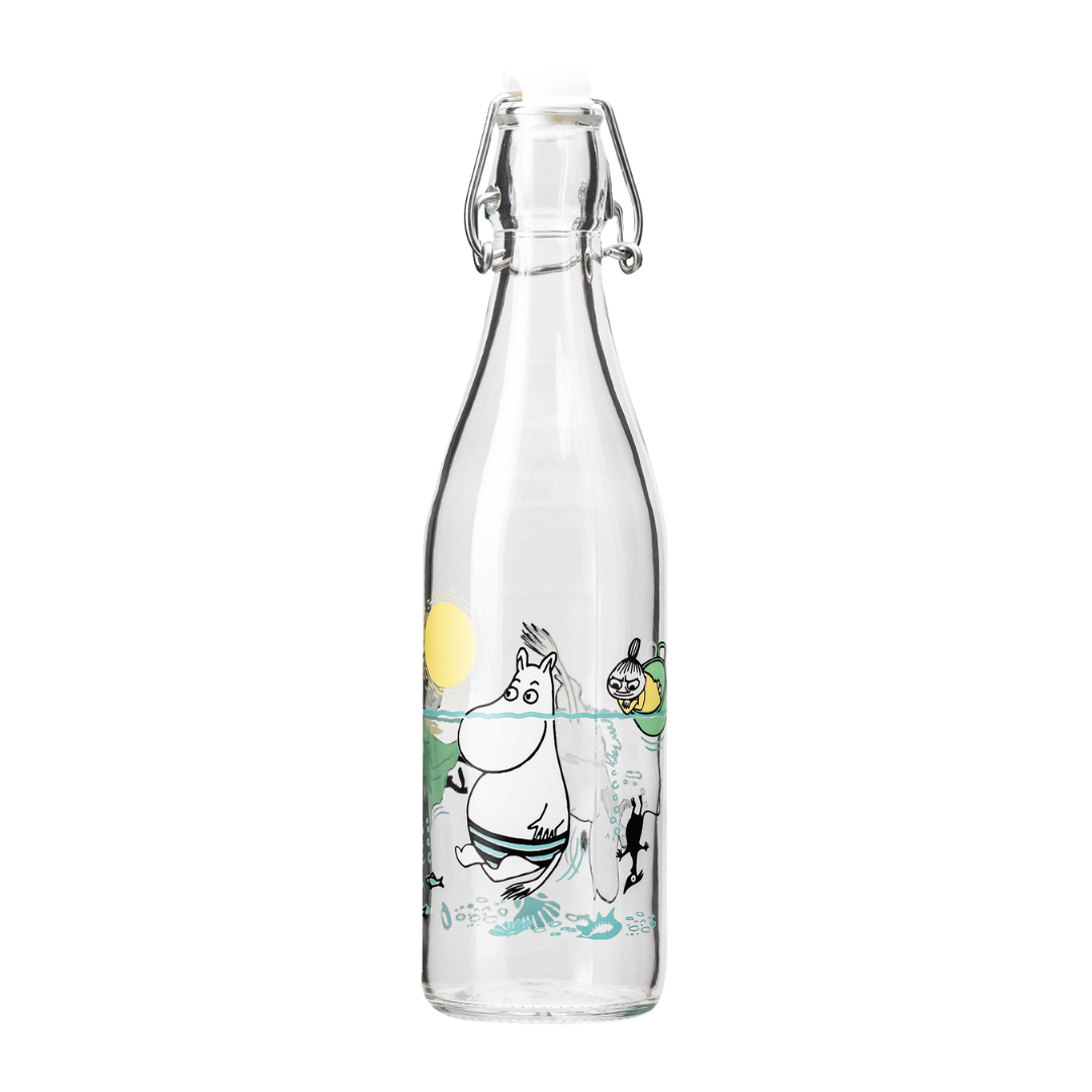 Glass bottle featuring images of Moomin characters swimming