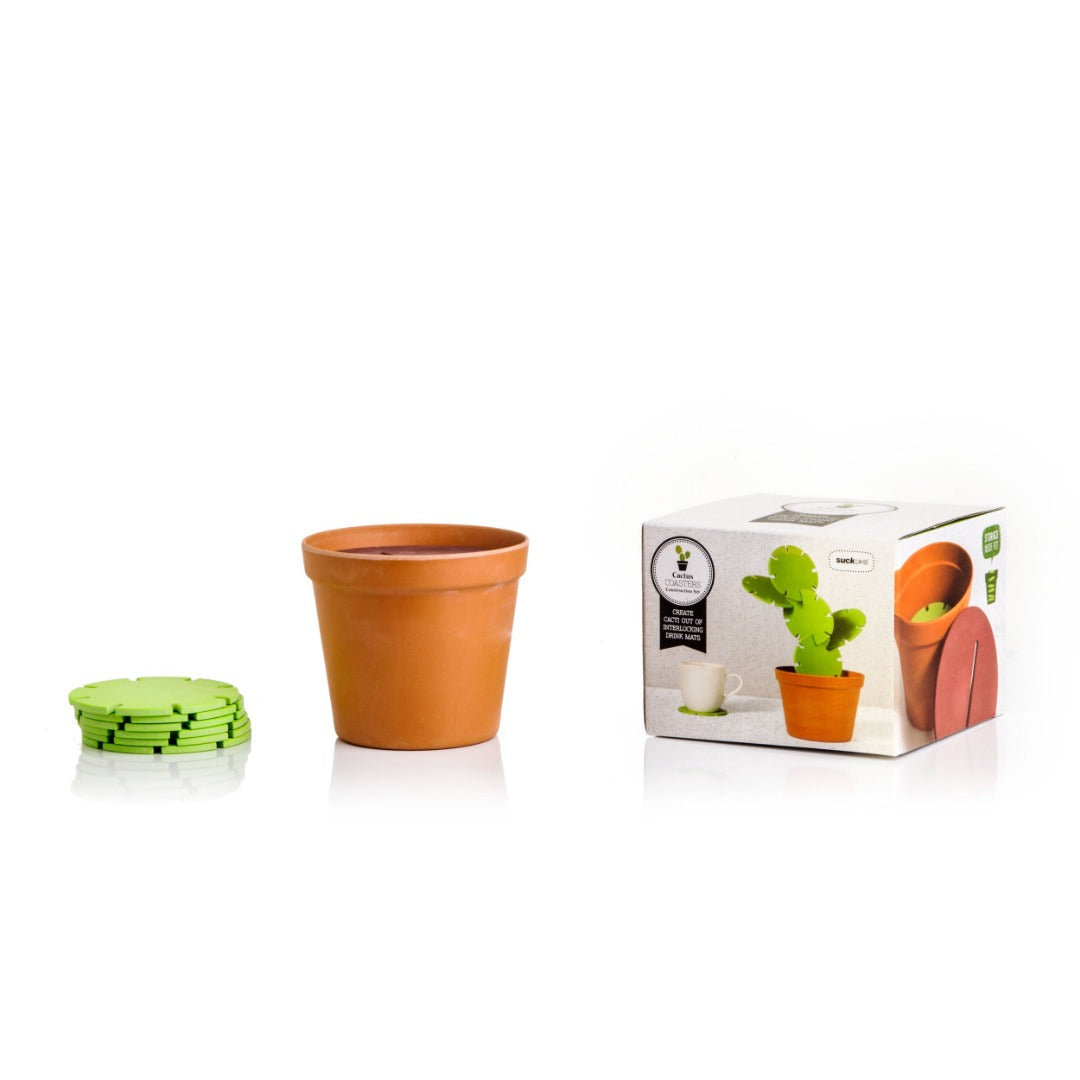 green coasters stacked next to storage pot that resembles a plant pot, and the box it comes in