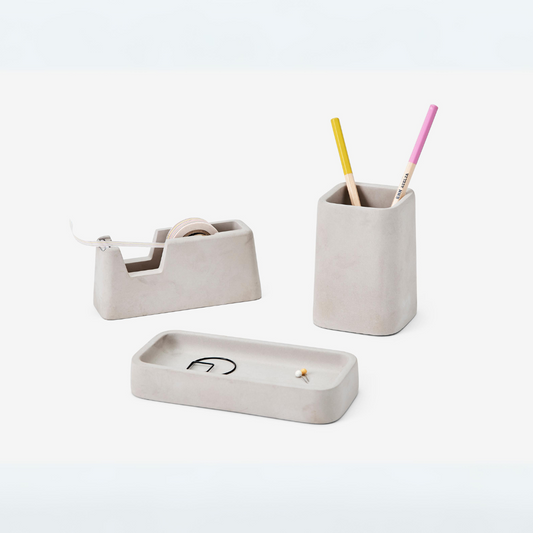 Concrete desk tidy, pen holder and tape dispenser