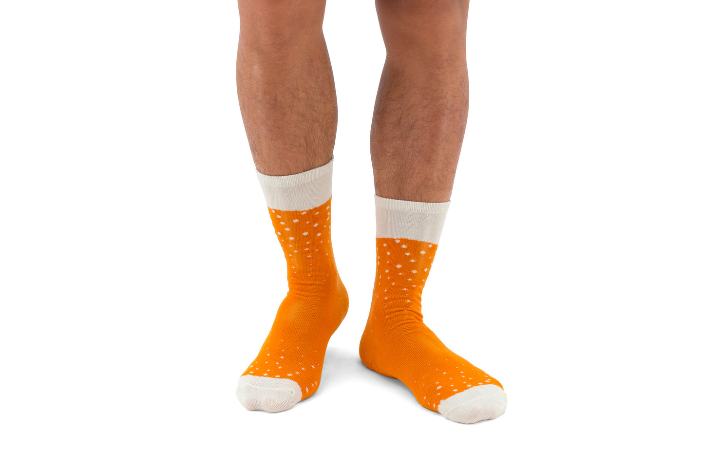 man wearing orange beer socks, mid-calf length