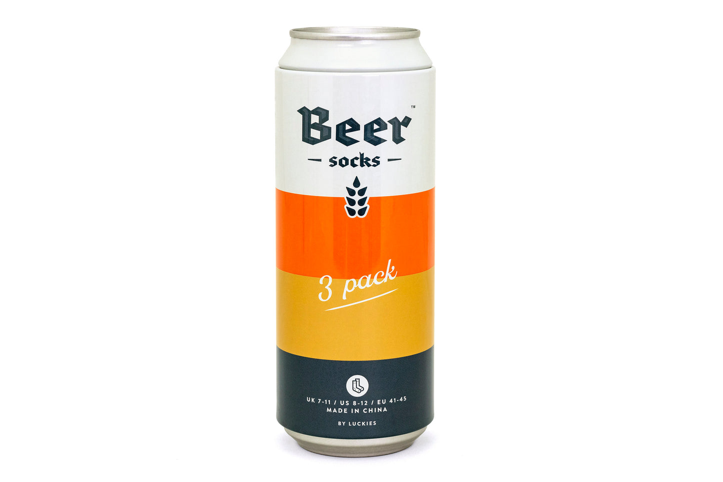 tin shaped like a beer can with stripes in orange, yellow, and black