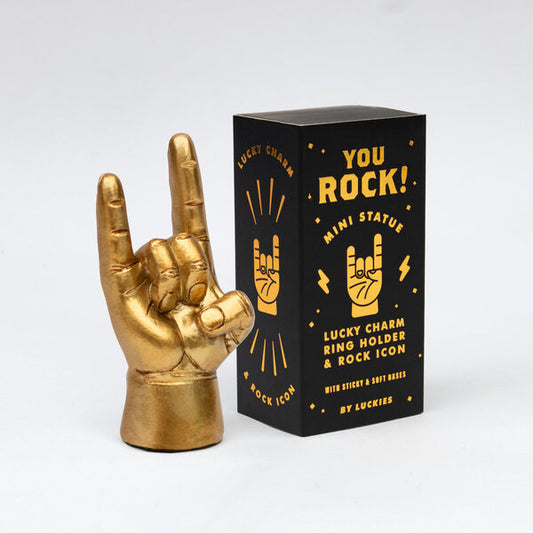 Mini gold coloured statue of hand making devil horns rock sign with box